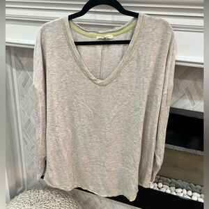 Beige V-Neck Long Sleeve Blouse with Green Stitching Details 1X